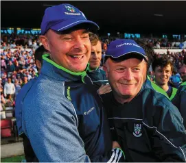  ?? RAMSEY CARDY/SPORTSFILE ?? Monaghan manager Malachy O’Rourke celebrates with selector Leo McBride after Saturday’s victory over Galway
