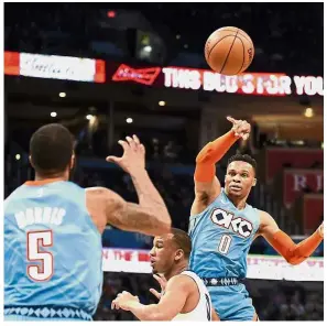  ?? — AP ?? Inspiratio­nal: Oklahoma City Thunder guard Russell Westbrook (0) led the fightback for his team to beat the Memphis Grizzlies in an NBA game on Sunday.