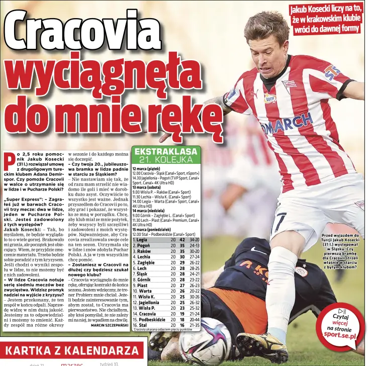  ??  ?? Przed wyjazdem do Turcji Jakub Kosecki (31 l.) występował w Śląsku. Czy pierwszą bramkę dla Cracovii strzeli właśnie w starciu z byłym klubem?
Jakub Kosecki liczy na to, że w krakowskim klubie wróci do dawnej formy