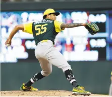  ?? Andy Clayton-King / Associated Press ?? A’s starter Sean Manaea gave up five hits, a walk and one unearned run to record his 12th win of the season.