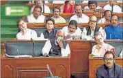  ?? PTI PHOTO ?? A TV grab of the opposition benches during Prime Minister Narendra Modi’s speech in the Lok Sabha on Thursday.