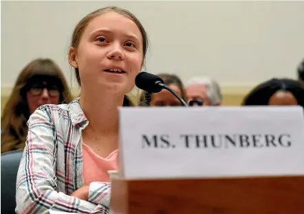  ?? AP ?? Greta Thunberg
addressing a climate change
hearing in the US Congress on Wednesday.