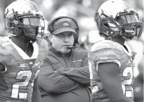  ?? AP Photo/ Ron Jenkins, File ?? In this Nov. 14, 2015, file photo, TCU head coach Gary Patterson looks on from the sidelines during the second half of an NCAA college football game against Kansas in Fort Worth, Texas. Among the unbeaten teams, No. 6 TCU looks to have the toughest...