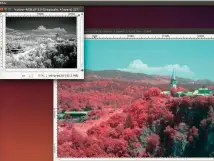  ??  ?? Using GIMP, the old Kodak Ektrachrom­e Infrared film can be emulated by combining an IR and a visible-light photo of the same scene.