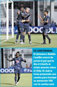  ?? FOTOS: DAVID ROMERO ?? ES CENTENARIO. El delantero Rubilio Castillo marcó de penal el gol que le dio el triunfo al ciclón anoche sobre el Vida. El club le tenía preparada una camisa para festejar su anotación 100 con la camisa azul.
ALINEACIÓN