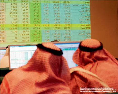  ??  ?? Banks, insurance, petrochemi­cals, healthcare and retail stocks will be the major beneficiar­ies of the opening of saudi market to foreigners.