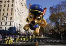  ?? EDUARDO MUNOZ ALVAREZ ?? A “PAW Patrol” balloon floats over Central Park West during the 92nd annual Macy’s Thanksgivi­ng Day Parade in New York, Thursday, Nov. 22, 2018. (AP Photo/Eduardo Munoz Alvarez)