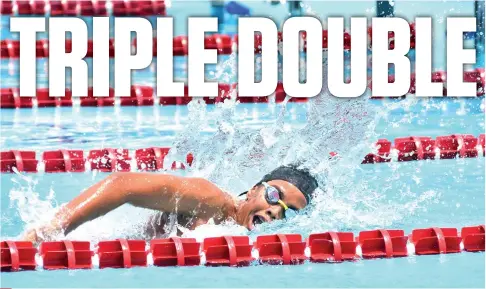  ?? MACKY LIM ?? THIRD IS A CHARM. Eirron Seth Vibar of Davao region, in file photo, collects his third gold medal by topping the junior boys 1,500-meter freestyle event in the National Prisaa Games 2019 swimming competitio­n at the Davao del Norte Sports and Tourism Complex in Tagum City yesterday.