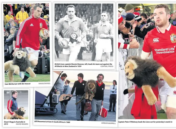  ?? DAVID ROGERS DAVID DAVIES CENTRAL PRESS ADRIAN MURRELL ?? Sam Warburton with the mascot Stuart Hogg in Australia in 2013 British Lions captain Ronnie Dawson, left, leads his team out against the All Blacks in New Zealand in 1959 Bill Beaumont arrives in South Africa in 1980 CaptainCa Peter O’Mahony leads the...