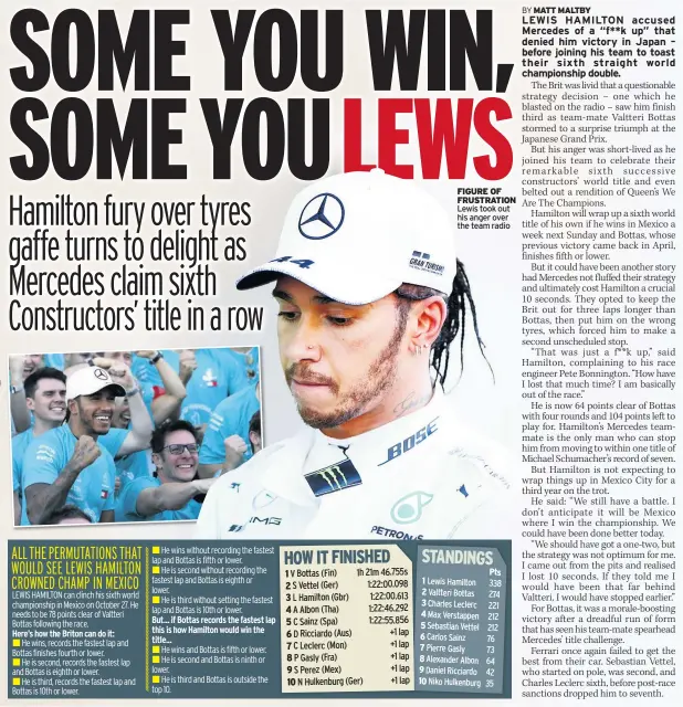  ??  ?? Lewis took out his anger over the team radio
