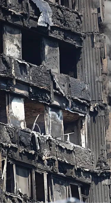  ??  ?? Walls of flame: Firemen said the Grenfell Tower ignited ‘like a firelighte­r’, with the polystyren­e-like cladding – meant to protect the 24-storey block – appearing to provide a fatal conduit for the fire. The building was left as a burnt out-husk