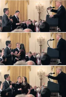  ??  ?? A White House staff member reaches for the microphone held by CNN’s Jim Acosta as he questions USPresiden­t Donald Trump during a news conference on Wednesday, in a combinatio­n of photos at the White House in Washington. | REUTERS ANA