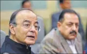  ?? PTI ?? Union Finance Minister Arun Jaitley with Minister of State at Prime Minister’s Office Jitendra Singh addresses the media at his office, in New Delhi on Monday.