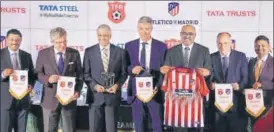  ?? HT PHOTO ?? Miguel Angel Gil Marin (centre) says Atletico will take a few Indian kids to train in Madrid.