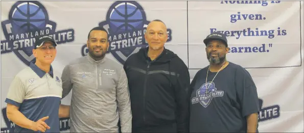 ?? WHIG PHOTO BY CODY FUTRELL ?? Elkton communitie­s leaders together at the 2022 kickoff event for Cecil Elite Basketball. From left to right: Coach Will, Coach Raheem Gatewood, County Commission­er Earl Piner, and Leroy Hill.