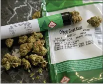  ?? JULIE JACOBSON — THE ASSOCIATED PRESS ?? The THC percentage­s of recreation­al marijuana are shown on the product packaging Monday in Mamaroneck, N.Y. New York will tax recreation­al marijuana based on its amount of THC, the main intoxicati­ng chemical in cannabis.