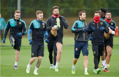  ??  ?? Arsenal’s players during a training session in London ahead of Barcelona clash. —