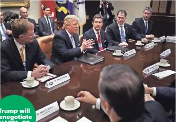  ?? CHIP SOMODEVILL­A, GETTY IMAGES ?? President Trump met Monday with, left to right, Wendell Weeks of Corning, Alex Gorsky of Johnson &amp; Johnson, Michael Dell of Dell Technologi­es, Mario Longhi of U.S. Steel and other business leaders at the White House.