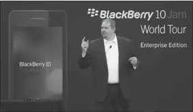 ?? WAYNE CUDDINGTON/ POSTMEDIA NEWS ?? The BlackBerry 10, the new smartphone due to be released by Research In Motion in early 2013, is discussed by John Mutter, enterprise mobility architect, at an event last month.