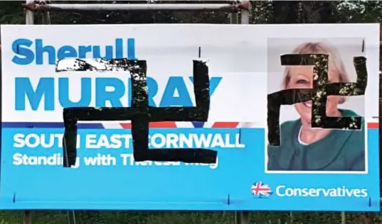  ??  ?? Despicable: Thugs carved swastikas into Sheryll Murray’s posters. Online trolls also called for the politician to be stabbed