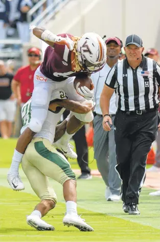  ?? MATT BELL/AP FILE ?? Lafayette alum Hezekiah Grimsley, shown Sept. 8, will get to play for Virginia Tech in Norfolk on Saturday.