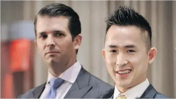  ?? NICK PROCAYLO/FILES ?? Joo Kim Tiah with Donald Trump Jr., attend the opening of the Trump Internatio­nal Hotel and Tower in Vancouver on Feb. 28, 2017. Tiah’s company, the Holborn Group, denies he has spoken with U.S. authoritie­s following media reports that the FBI is...