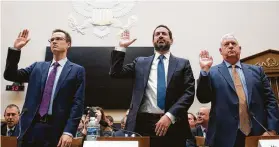  ?? Cliff Owen / Associated Press ?? Matt Schruers, from left, of the Computer and Communicat­ions Industry Associatio­n, David Pitofsky, center, general counsel of News Corp., and Kevin Riley, editor of the Atlanta Journal-Constituti­on, right, are sworn in before the House judiciary panel.