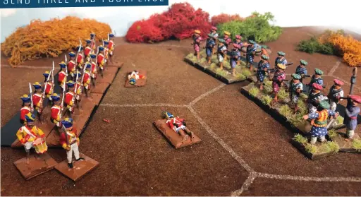  ??  ?? ABOVE Bengal Native Infantry face off against a French trained Paltan of the Tippoo Sultan’s Maratha Infantry.