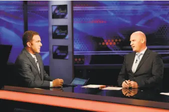  ?? Photos by Carlos Avila Gonzalez / The Chronicle ?? Top, Bip Roberts (left) and Dave Stewart ponder the A’s on NBC Sports California. Above, Dave Feldman (left) and Matt Williams discuss the Giants on NBC Sports Bay Area.