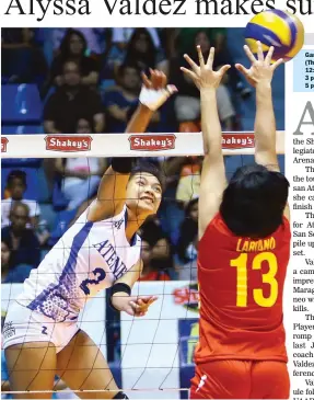  ??  ?? Ateneo’s Alyssa Valdez attempts a spike against San Sebastian’s Jolina Labiano during their Shakey’s V-League game which the Lady Eagles won in straight sets. (Bob Dungo Jr.)