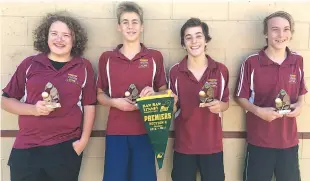  ??  ?? The Baw Baw Tennis Associatio­n section two premiers are Drouin (from left) Will Watson, Hunter Saddington, Cameron Stanley and Jordan Treneman.