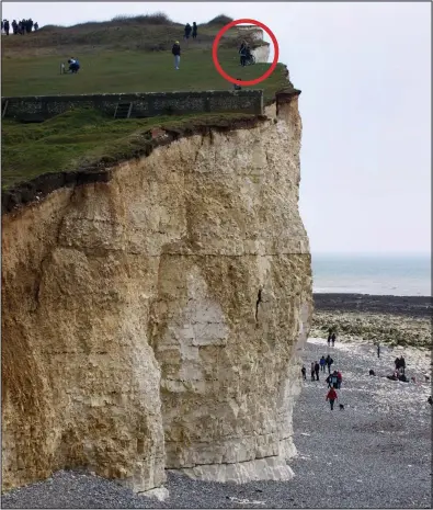  ??  ?? Foolhardy: The group, circled, appears perilously close to the edge of Birling Gap yesterday