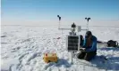  ?? Photograph: Adrienne White ?? Luke Copland maintains a small weather station on the Milne ice shelf.