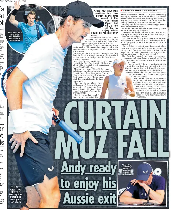  ??  ?? ACE RECORD: Brit Andy has reached five finals in Melbourne TEAR WE GO: Murray breaks down at his press conference CAPTION: 8pt caption words in here please