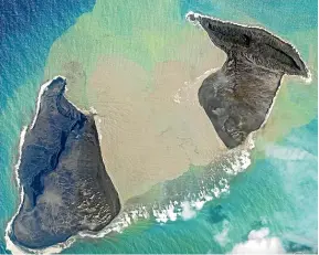  ?? ?? A satellite captured an image, above, of Hunga-Tonga-Hunga-Ha’apai two hours before its violent eruption that triggered a tsunami; left, how the island looked about a week before the eruption.