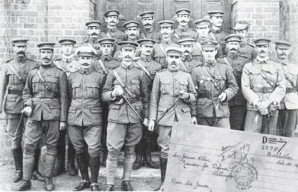  ?? PHOTOS: NATIONAL LIBRARY AND ARCHIVES NZ ?? Leaders . . . Major William Pennycook is third from the left in the front row of this photo of 10th Contingent officers in South Africa. Inset: A detail of the letter written by Ivy Pennycook to the Defence Minister seeking assistance with passage to...