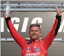  ?? JAMES GILBERT — GETTY IMAGES ?? Justin Allgaier celebrates after winning the NASCAR Xfinity Series Crayon 200at New Hampshire Motor Speedway on Saturday.