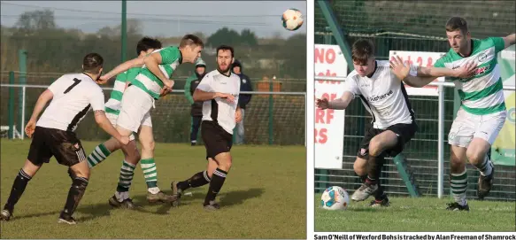  ??  ?? Marty Kelly of Shamrock Rovers gets his head to the ball in the Premier Division match against Wexford Bohs.
Sam O’Neill of Wexford Bohs is tracked by Alan Freeman of Shamrock Rovers.