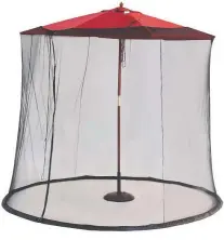  ??  ?? A net slipcover for the umbrella keeps bugs away and stays in place with a weighted hem. Canvas Patio Umbrella Netting, $55, Canadian Tire.