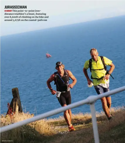  ??  ?? JURASSICMA­N 15 AUGUST This point-to-point irondistan­ce triathlon’s a beast, featuring over 8,600ft of climbing on the bike and around 3,675ft on the coastal-path run