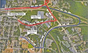  ?? CARLOS VIRGEN/THE DAY ?? This illustrati­on shows the two suggested alternate routes motorists can take after the Bridge Street on-ramp to Interstate 95 south is shut down Saturday.