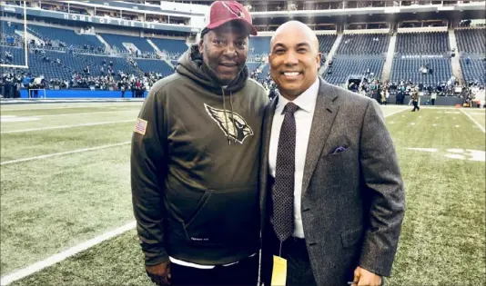  ?? Mark Dalton/ Arizona Cardinals ?? Hines Ward appeared to be in line for a job on Mike Tomlin’s staff in 2017, but the receivers coach post went to Darryl Drake, left, who, ironically, recruited Ward at Georgia and left an indelible mark on the receiver. Drake unexpected­ly died Sunday at Saint Vincent College, Latrobe.