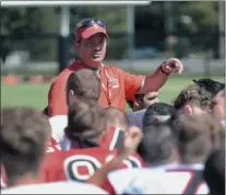  ?? JOE BOYLE ?? Ralph Isernia addressing his team following RPI practice on August 26, 2019at the East Campus Stadium in Troy, New York.