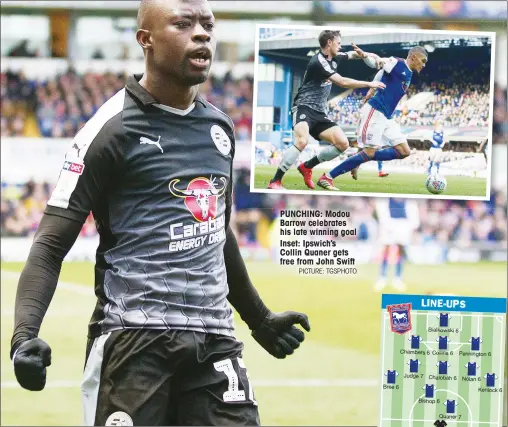  ?? PICTURE: TGSPHOTO ?? PUNCHING: Modou Barrow celebrates his late winning goal Inset: Ipswich’s Collin Quaner gets free from John Swift