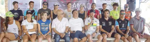  ??  ?? Defending men’s elite champion Bradley Weiss (seated, fourth from right) fields questions during yesterday’s press conference graced by the other pro athletes vying in the XTERRA Danao Asia-Pacific Championsh­ip in Cebu.