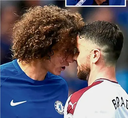  ?? — Reuters ?? Tense encounter: Chelsea’s David Luiz (left) clashing with Burnley’s Robbie Brady in the English Premier League match at Stamford Bridge on Aug 12. Chelsea lost 3-2. Inset: Chelsea manager Antonio Conte reacting during a press conference on Friday....