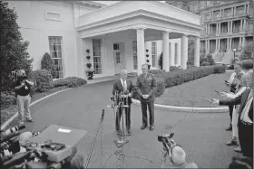  ?? AP/PABLO MARTINEZ MONSIVAIS ?? Defense Secretary Jim Mattis (left) and Joint Chiefs Chairman Gen. Joseph Dunford make a statement about North Korea’s nuclear threats, Sunday outside the West Wing of the White House in Washington.