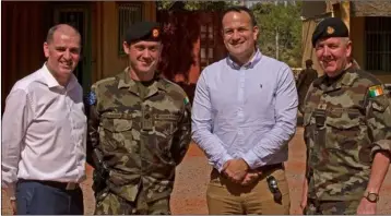  ??  ?? Minister Kehoe, Company Sgt Seamus McManus from Wexford, Taoiseach Varadkar and Defence Forces Chief of Staff Vice Admiral Mark Mellett.