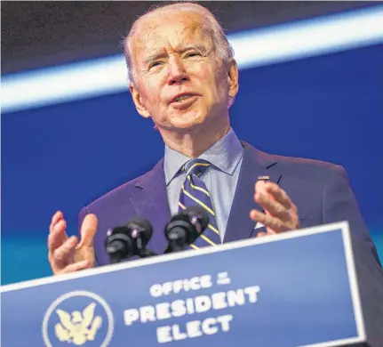  ?? JONATHAN ERNST • REUTERS ?? U.S. President-elect Joe Biden delivers a speech Monday after a conference video call focused on foreign policy at his transition headquarte­rs in Wilmington, Del.