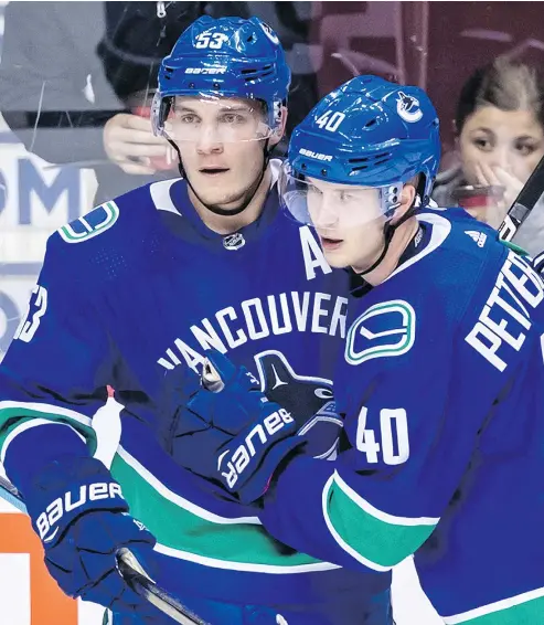  ?? — CP FILES ?? Bo Horvat, left, says rookie pivot Elias Pettersson has been playing at an ‘awesome’ level.